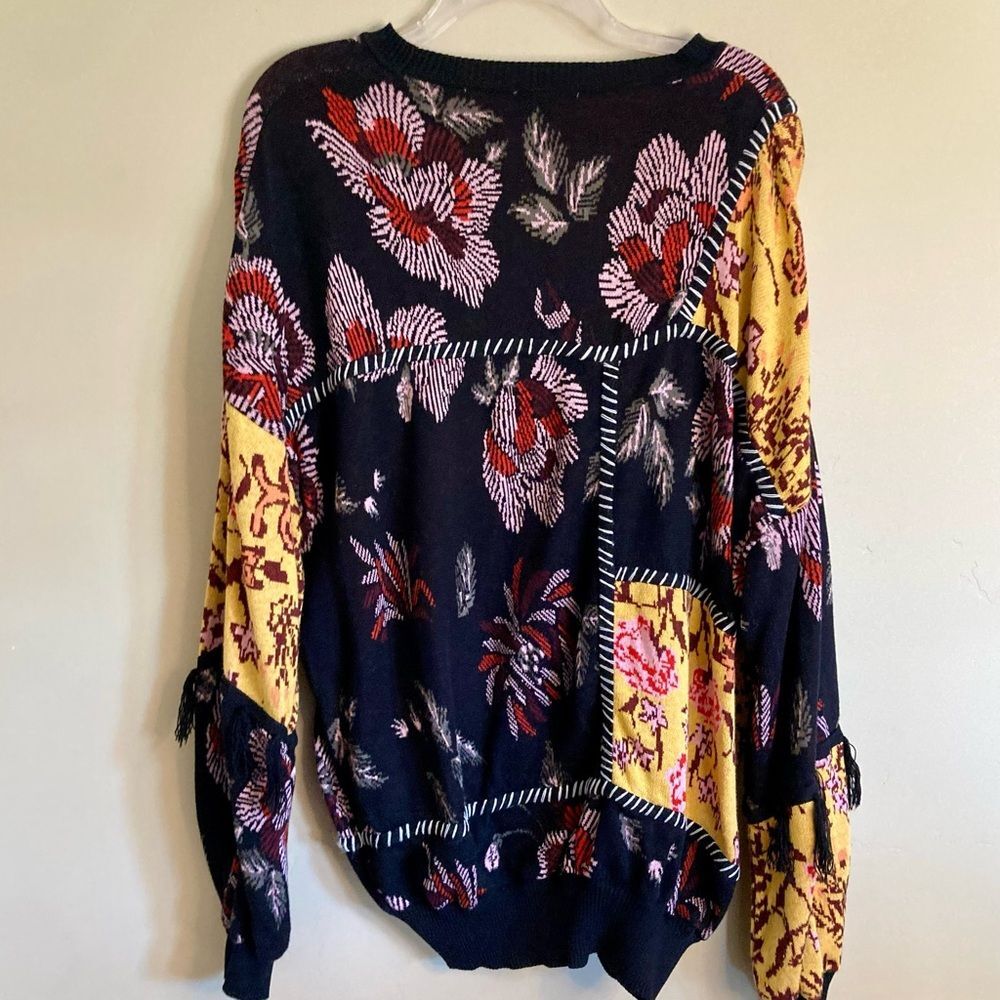 LAIA Tabatha Patchwork Sweater Embroidered Fringe Floral Black Pink Gold Size XL - Picture 11 of 15